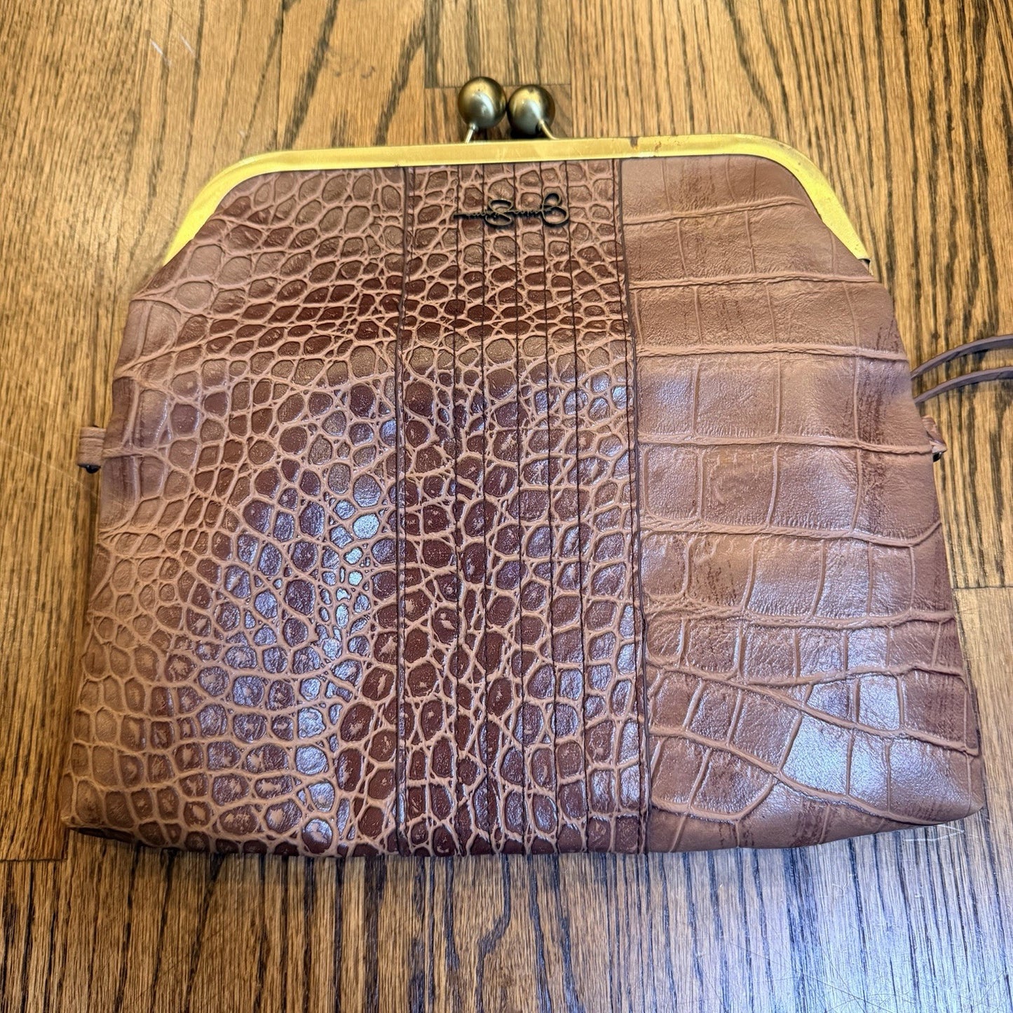 Jessica Simpson Brown Croc Bag Purse Clasp Snap Over Clutch Logo