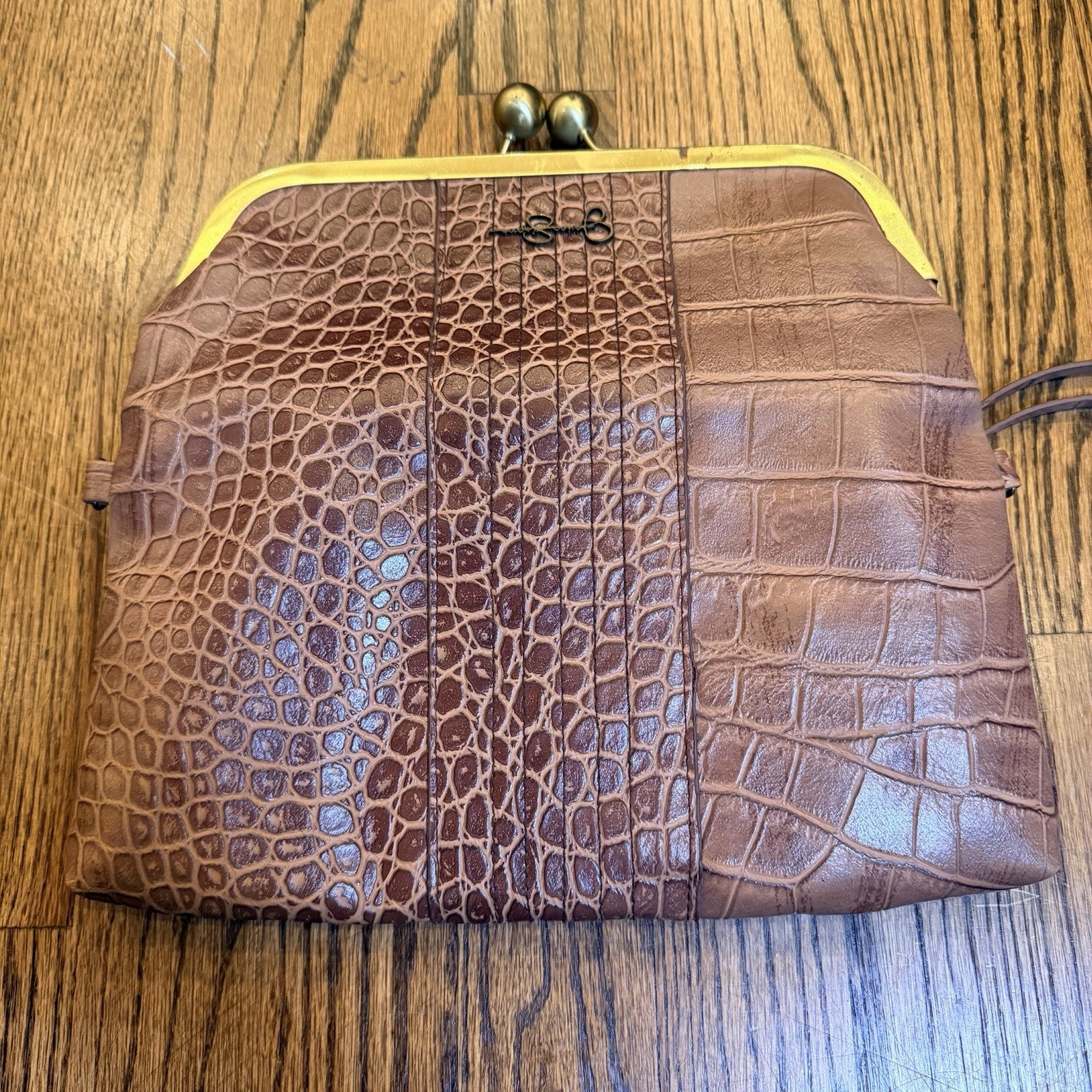 Jessica Simpson Brown Croc Bag Purse Clasp Snap Over Clutch Logo