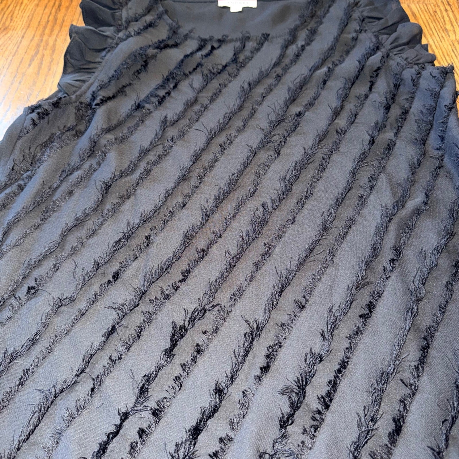 Andree by Unit Fringe Eyelash Ruffle Sleeve Top Size S Black Lightweight Sheer