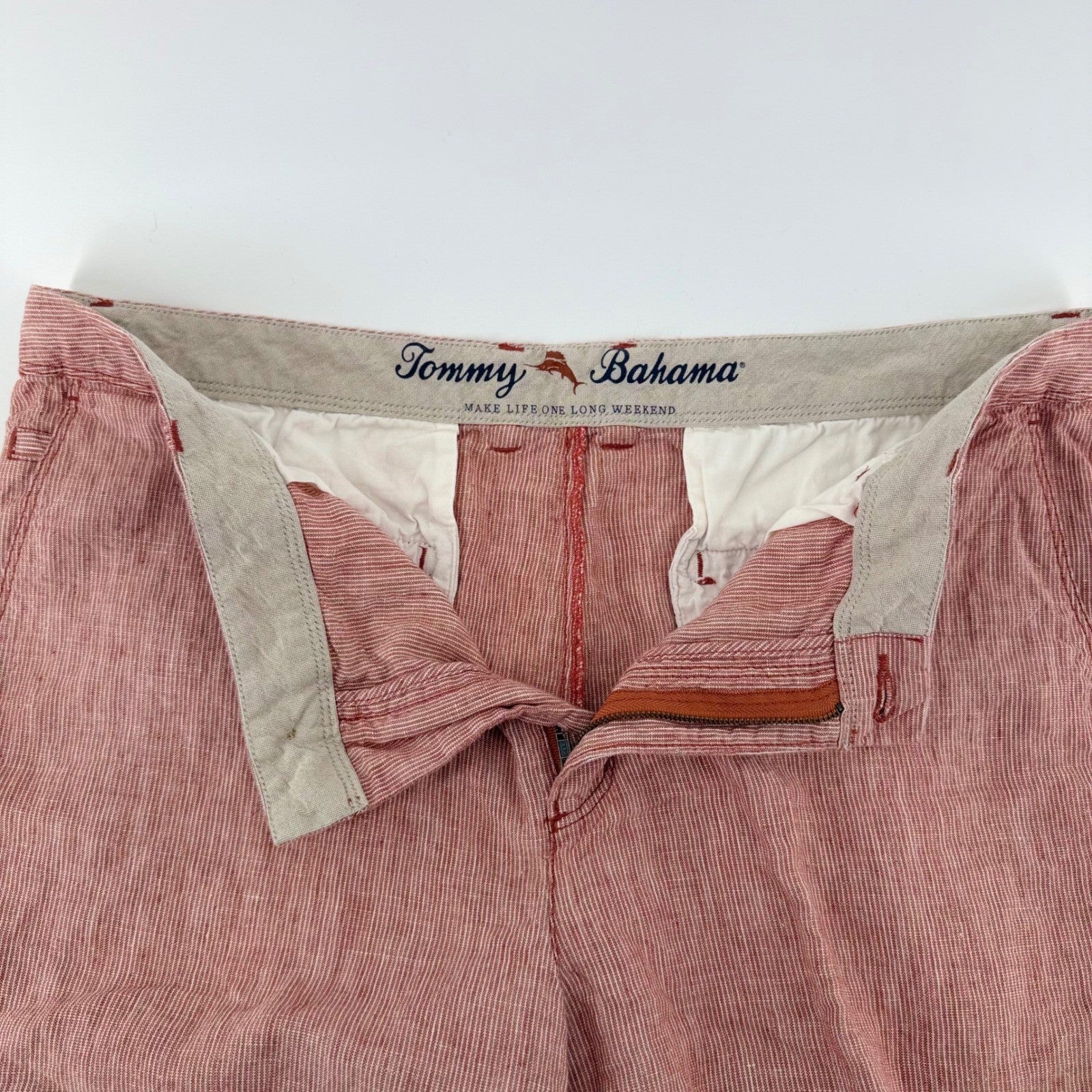 Tommy Bahama Pinstripe Linen Shorts Coastal Vacation Summer 36 Red White