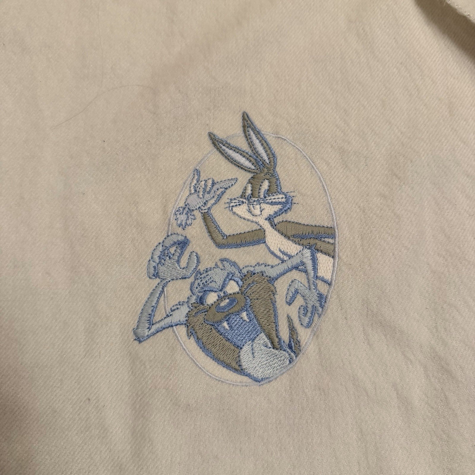 Vtg Acme Clothing WB Embroidered Bugs Bunny Tasmanian Devil Scarf 1993 Cream/Blu