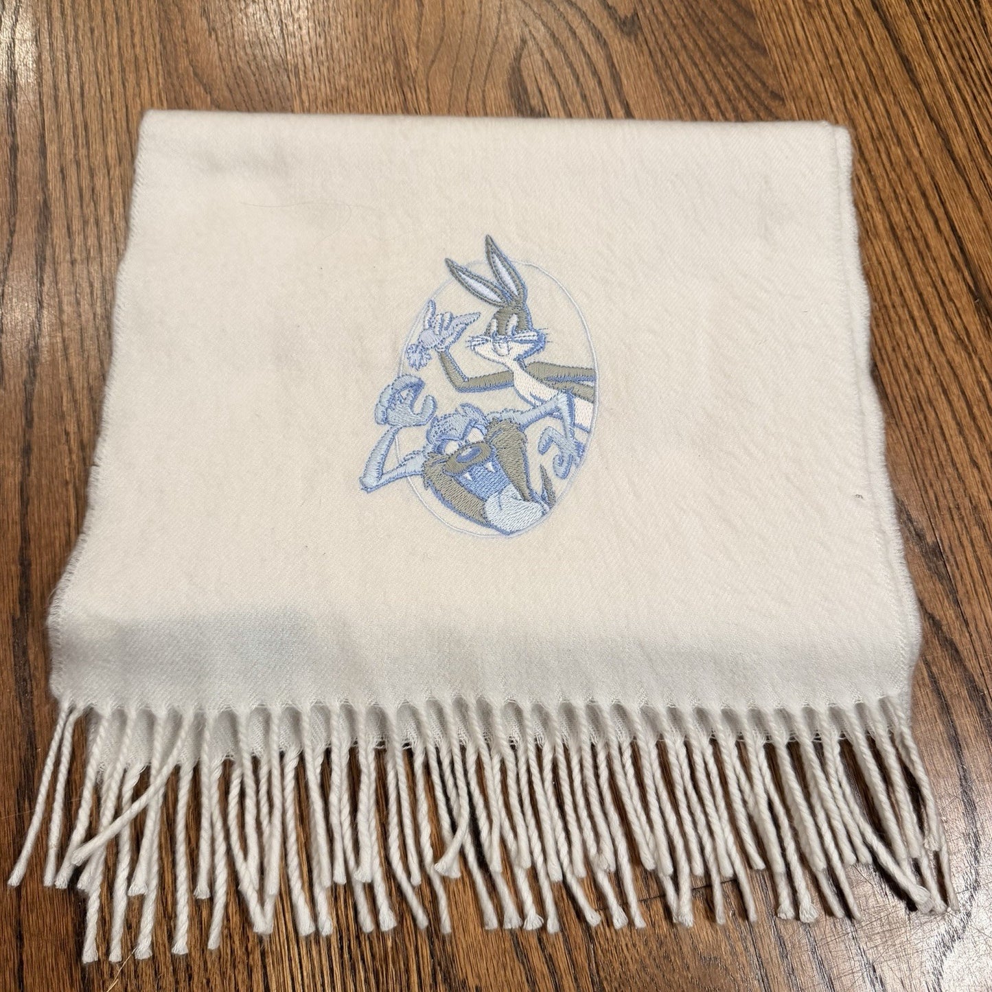Vtg Acme Clothing WB Embroidered Bugs Bunny Tasmanian Devil Scarf 1993 Cream/Blu