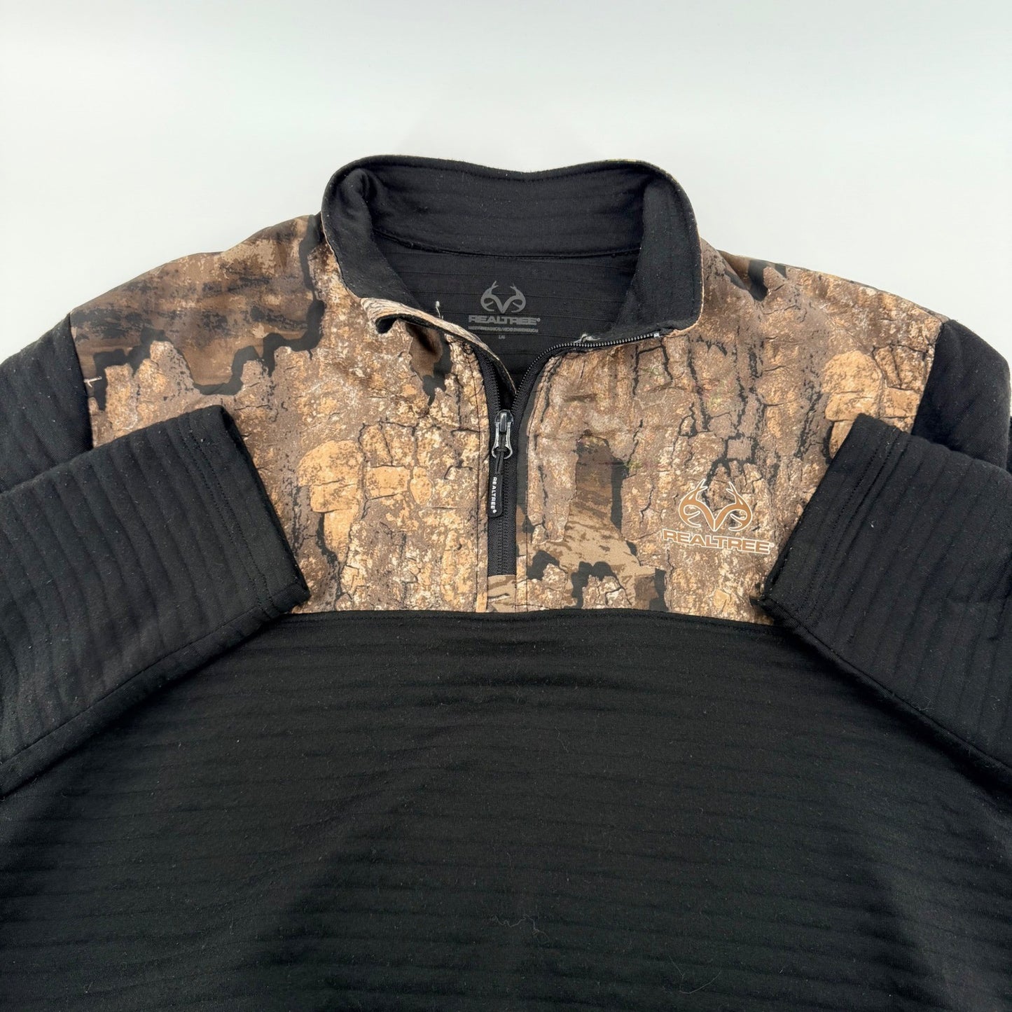 Realtree Timber Quarter Zip Pullover Camo Hybrid Performance Shirt L Black