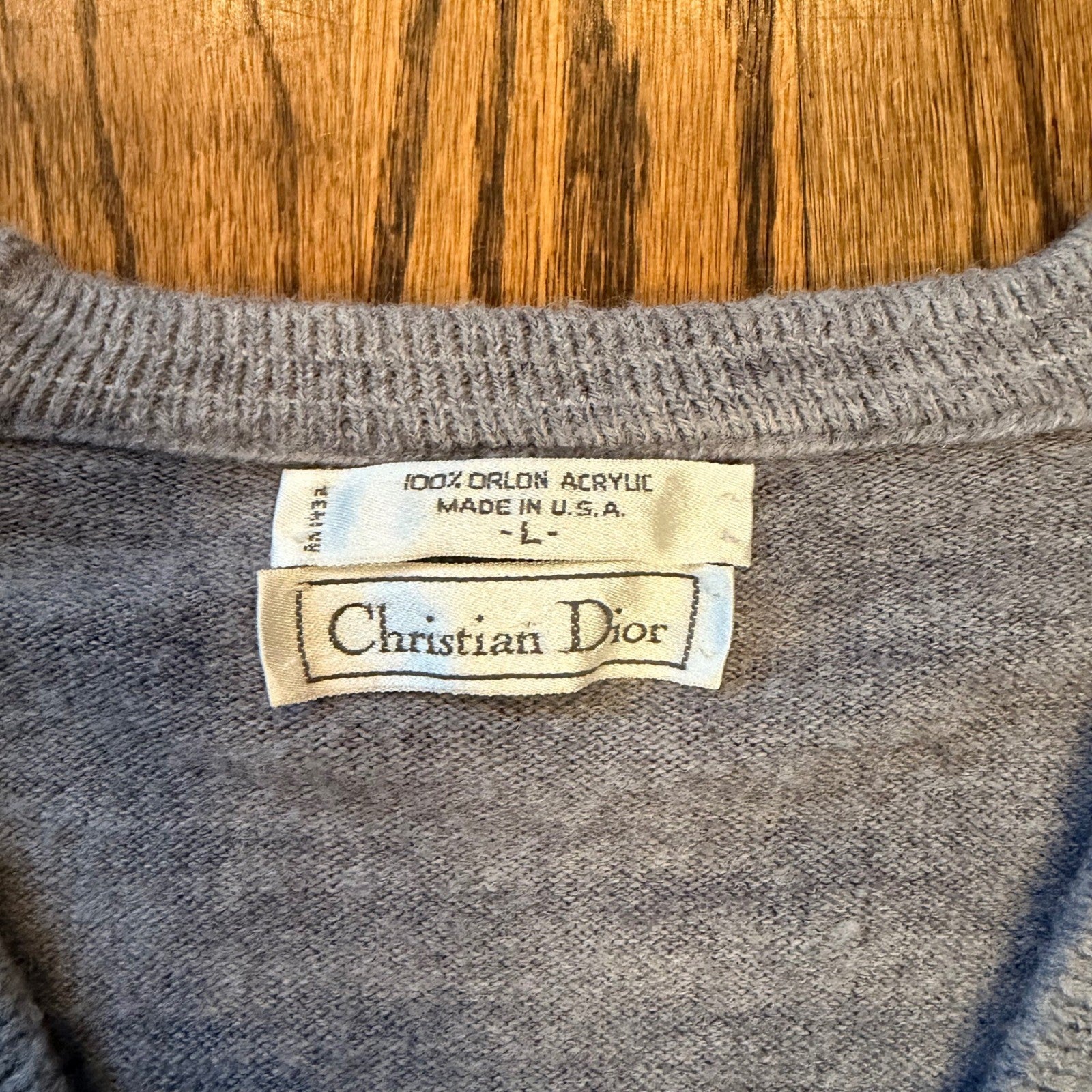 Christian Dior Monsieur Vintage 80s V-Neck Sweater Logo Orlon Large Gray