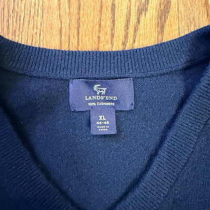 Lands' End 100% Cashmere V-Neck Sweater XL Navy Blue Solid Knit Mens Soft Warm