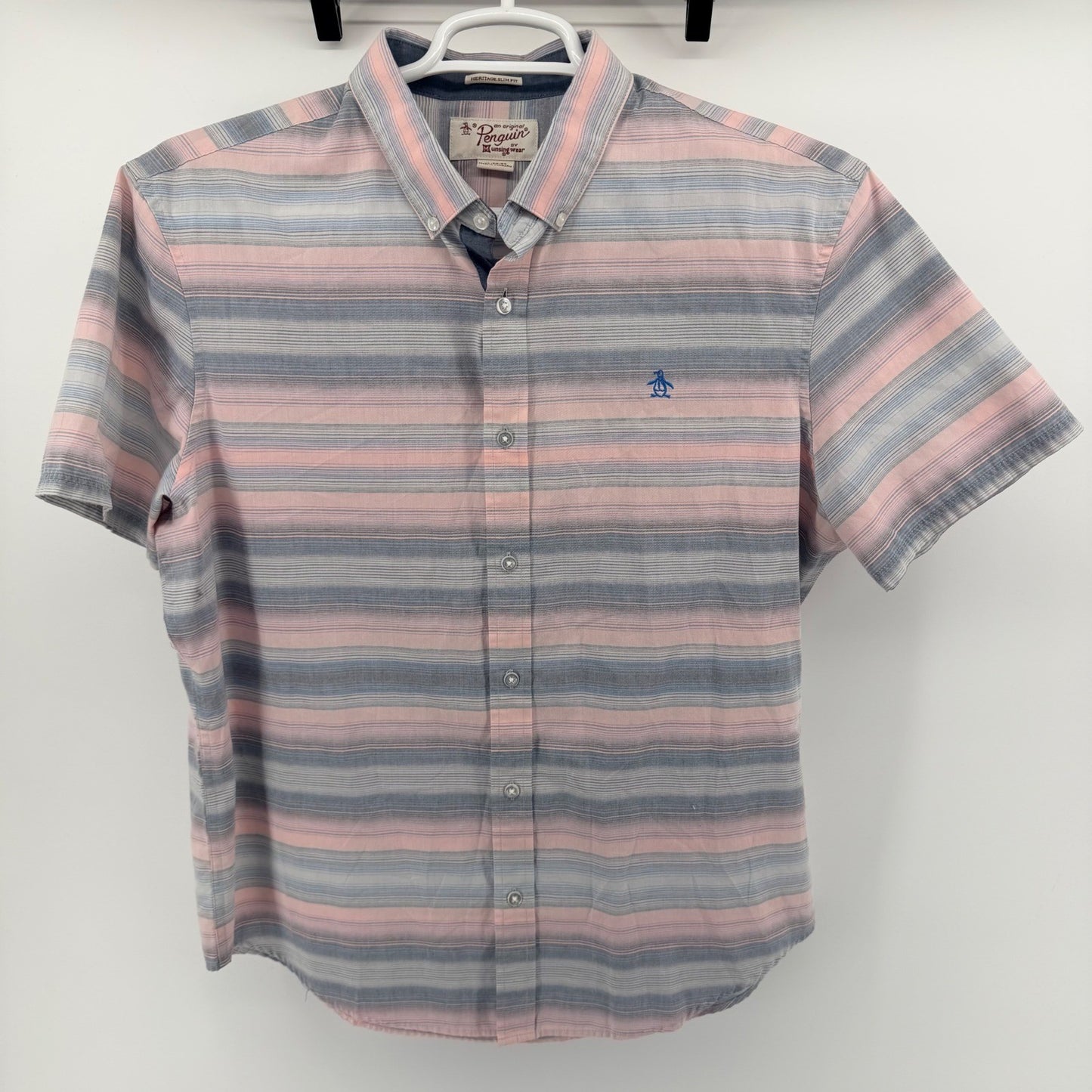 Original Penguin Heritage Slim Fit Striped Short Sleeve Button Down XL Pink Blue