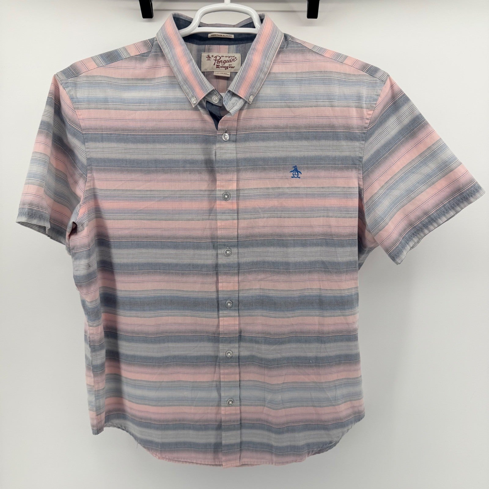 Original Penguin Heritage Slim Fit Striped Short Sleeve Button Down XL Pink Blue