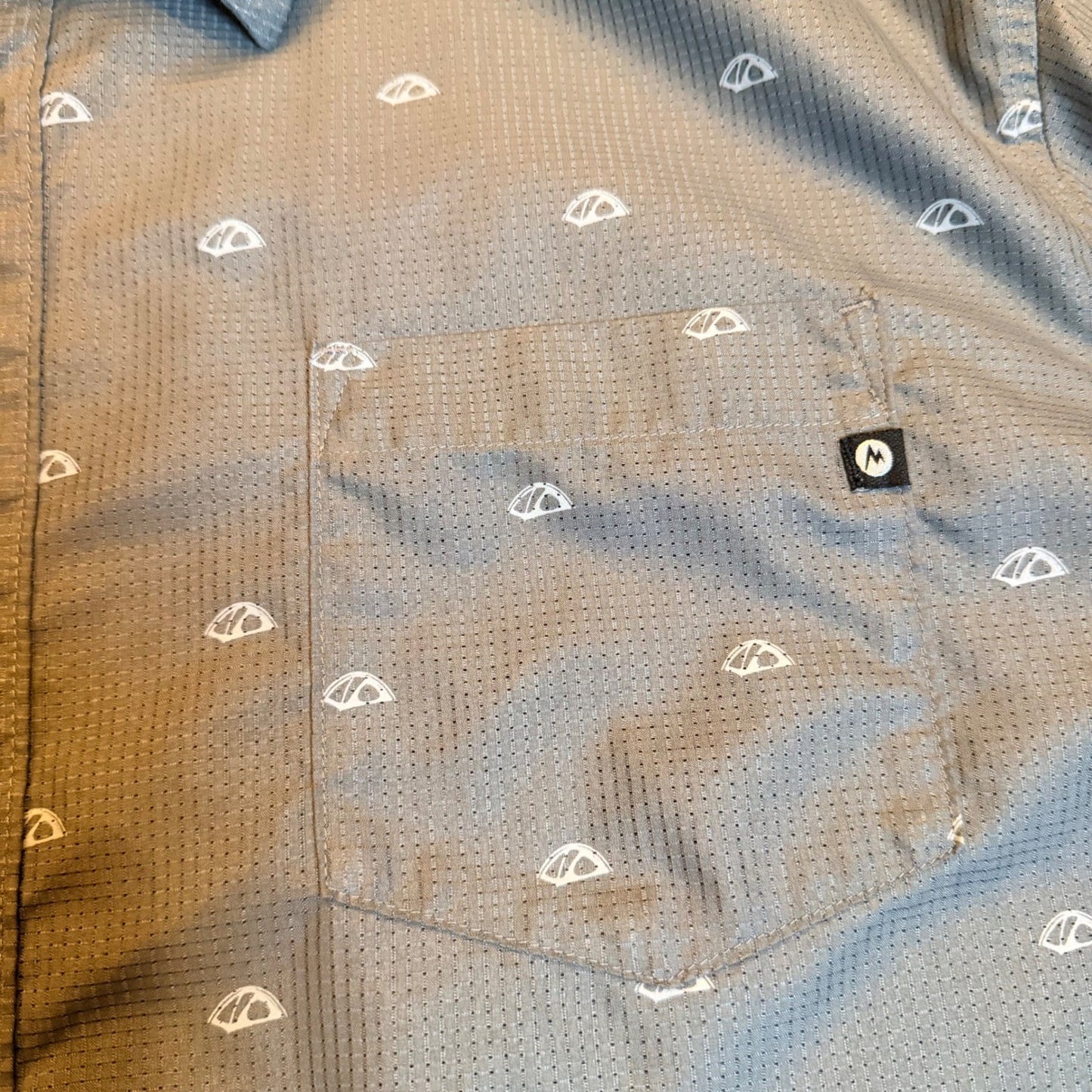 Marmot All Over Tent Print Hiking Shirt Short Sleeve Gray XXL Mens Lightweight