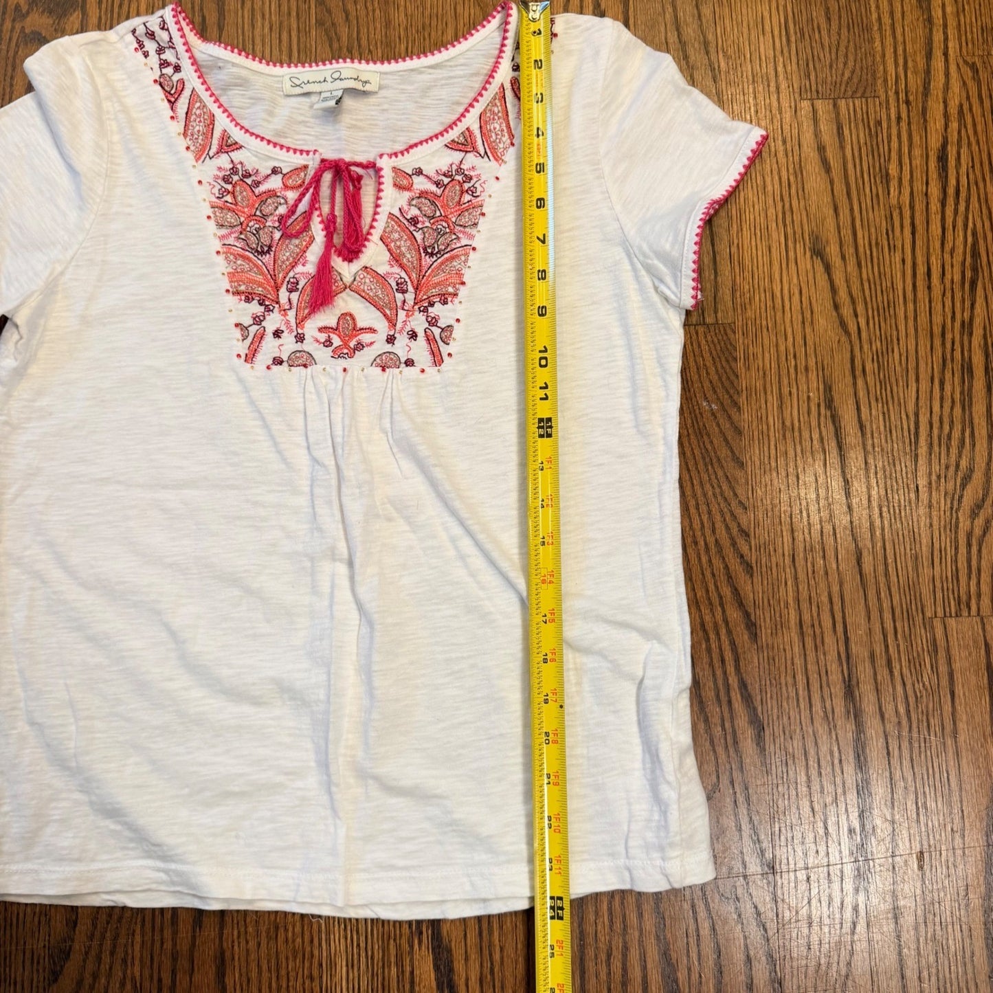 French Laundry Embroidered Boho Peasant Top Tassel Beaded White Pink Large