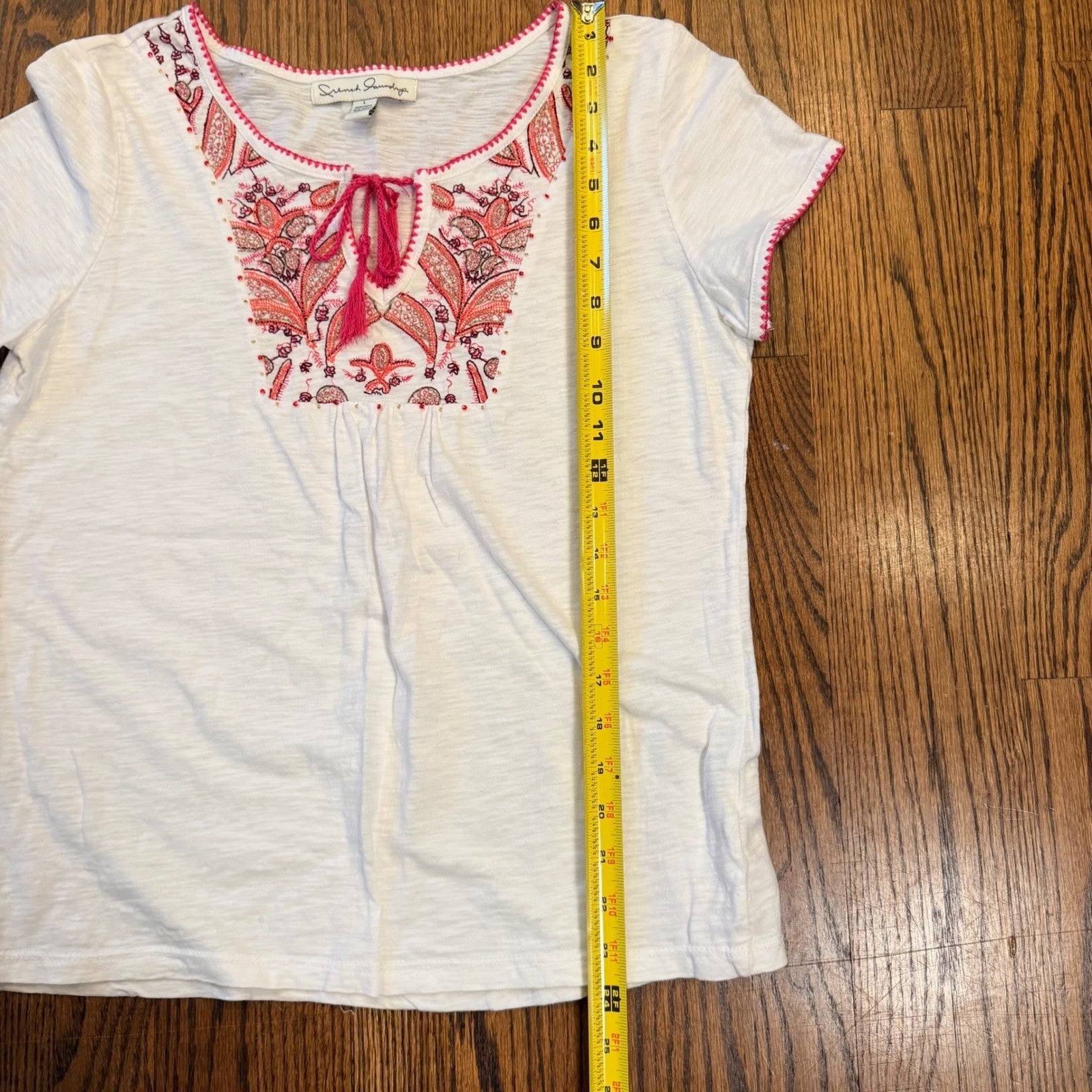 French Laundry Embroidered Boho Peasant Top Tassel Beaded White Pink Large
