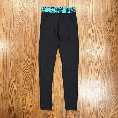 Victoria’s Secret PINK Yoga Pants Women’s S Black Leggings Teal Logo Waistband