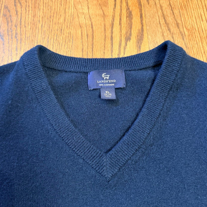 Lands' End 100% Cashmere V-Neck Sweater XL Navy Blue Solid Knit Mens Soft Warm