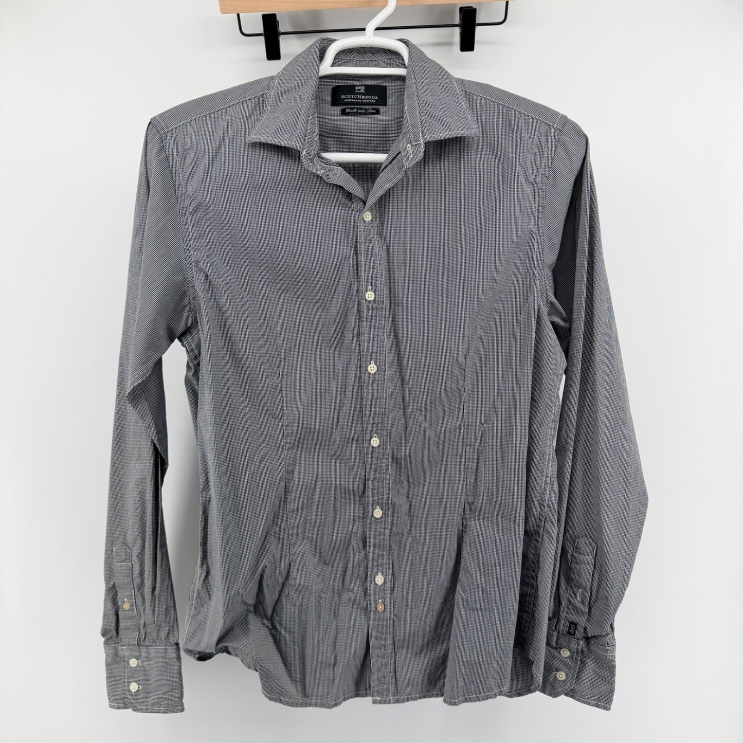 Scotch & Soda Micro Gingham Button Down Shirt Slim Fit Black White Large Mens
