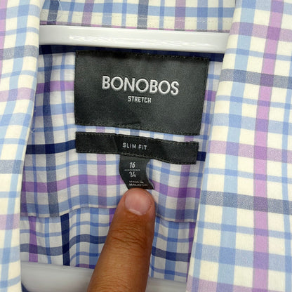 Bonobos Stretch Slim Fit Dress Shirt Plaid Check Purple Blue 16 x 34 Mens