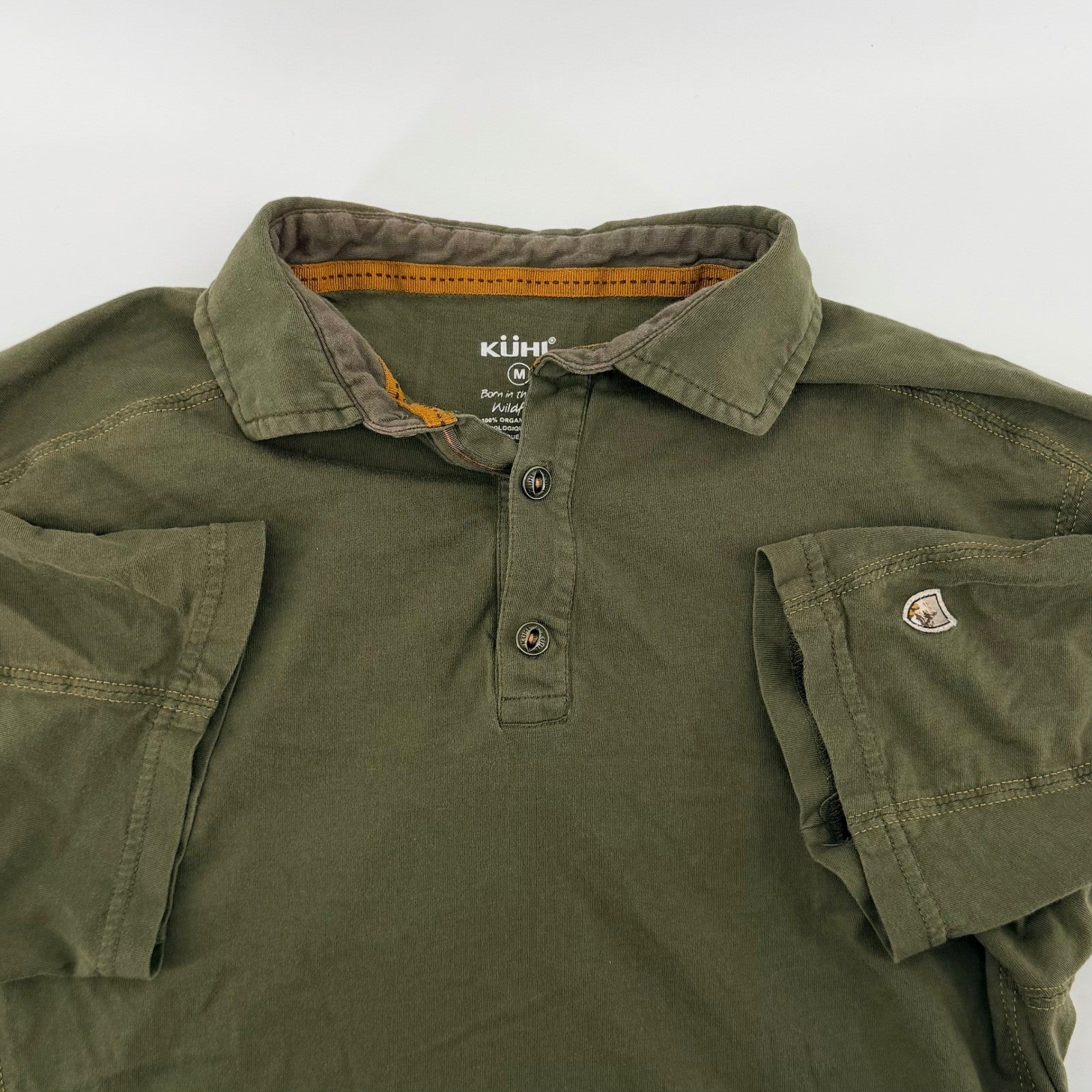KUHL Wildfibre Polo Shirt Mens Medium Olive Green Organic Cotton Hiking 7242