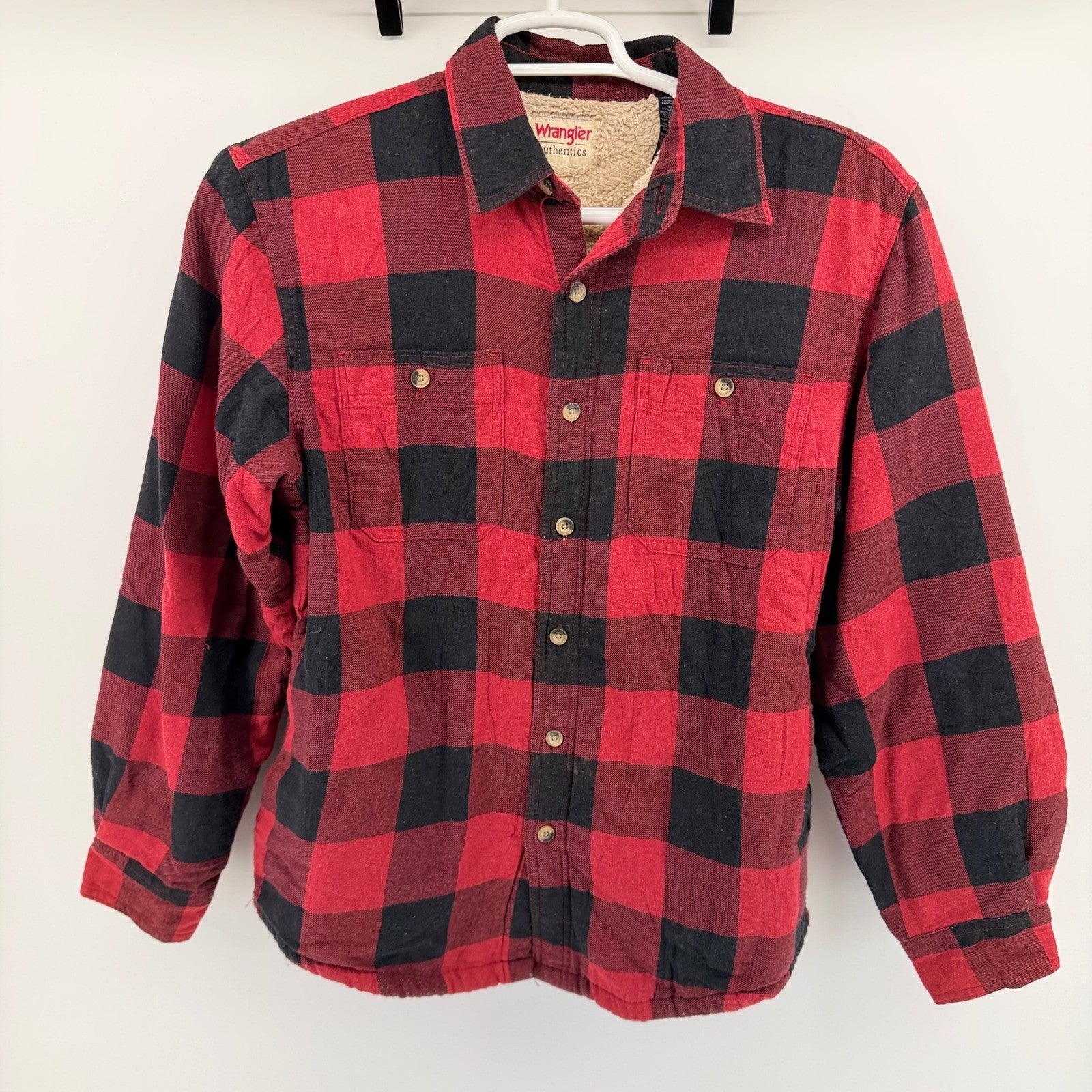 Wrangler Authentics Sherpa Lined Flannel Shirt Jacket Buffalo Plaid Medium Red
