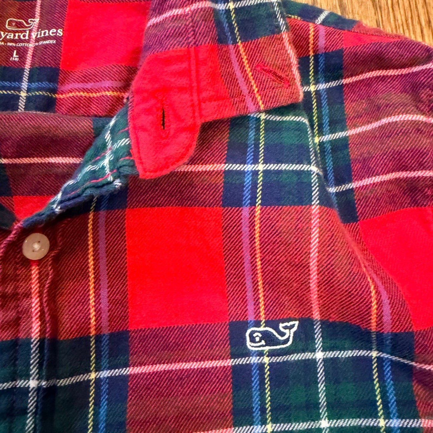 Vineyard Vines Boys L 14 Plaid Flannel Button Down Shirt Red Blue Whale Logo