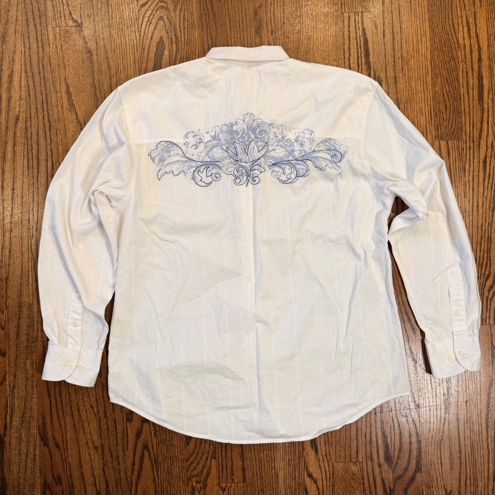 Indigo Joe White Dobby Stripe Graphic Embroidered Button Down Shirt Large White