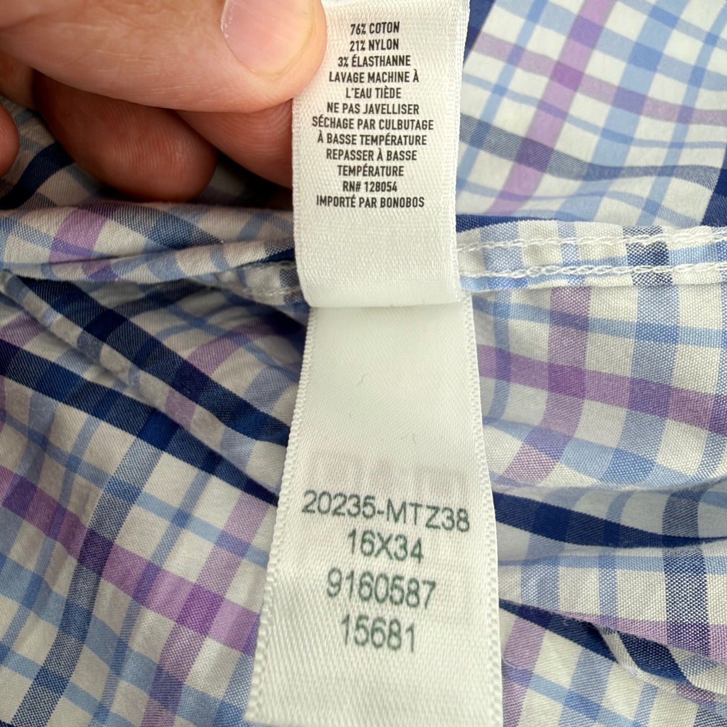 Bonobos Stretch Slim Fit Dress Shirt Plaid Check Purple Blue 16 x 34 Mens