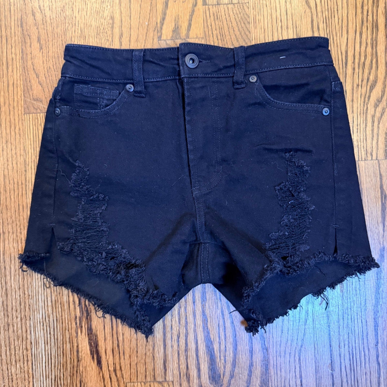 BCBGeneration High Rise Distressed Denim Shorts Size 0/24 Black Frayed Hem