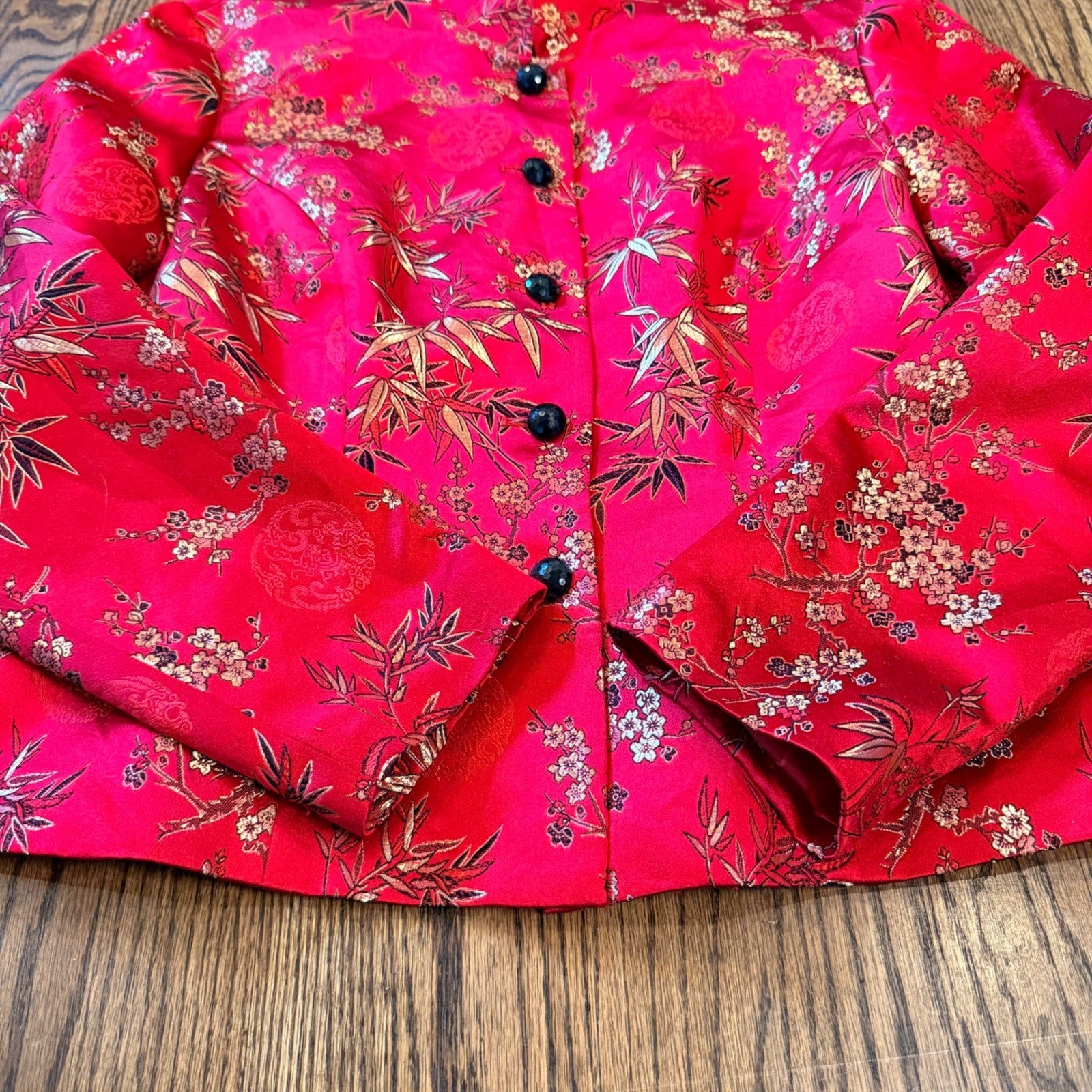 MSK Silk Blend Asian Inspired Floral Bamboo Jacquard Mandarin Jacket 8 Red