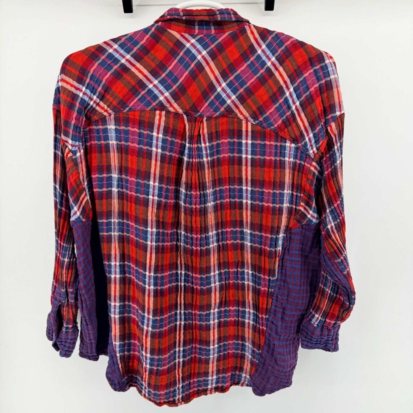 Free People Plaid Mixed Media Flannel Shirt Relaxed Boho Button Down L Red Blue