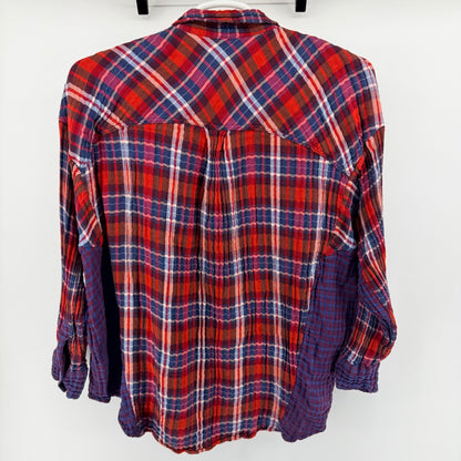 Free People Plaid Mixed Media Flannel Shirt Relaxed Boho Button Down L Red Blue
