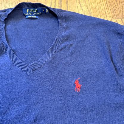 Polo Ralph Lauren Pima Cotton V-Neck Sweater Pony Logo Large Navy Blue