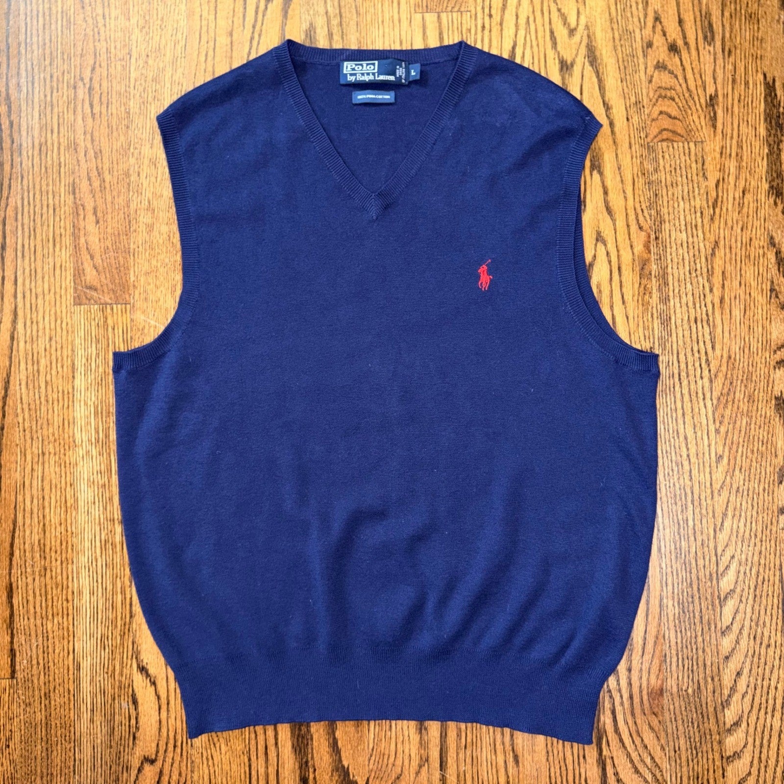 Polo Ralph Lauren Pima Cotton V-Neck Sweater Vest Large Navy Blue Preppy