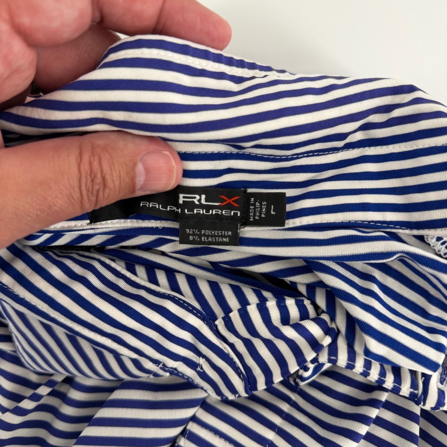 RLX Ralph Lauren Striped Performance Golf Polo Shirt Blue White Mens Large
