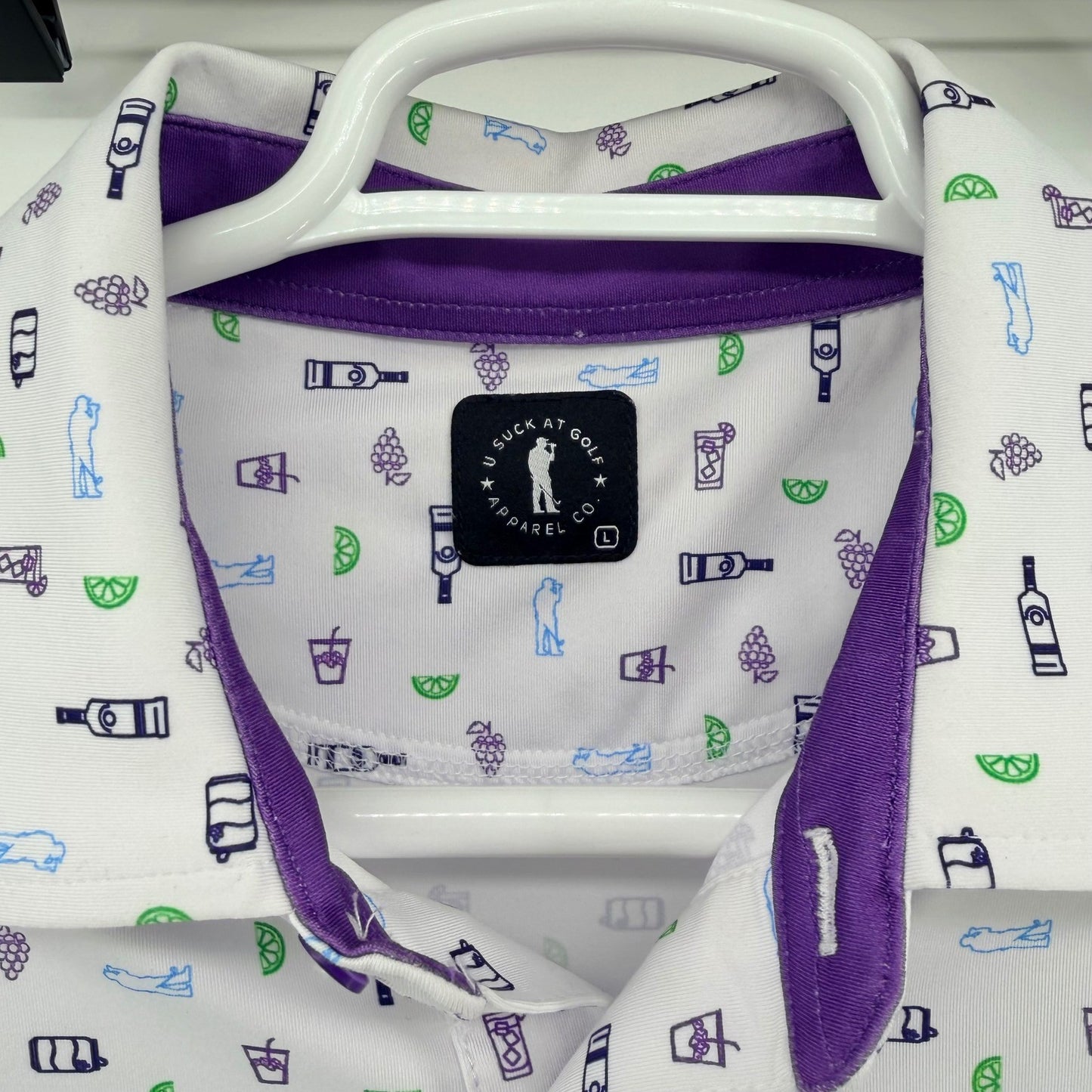 U Suck At Golf Performance Polo Shirt Novelty Print White Purple Large Mens