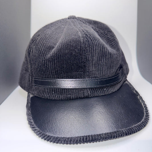 Vintage P Made in USA Corduroy Faux Leather Baseball Cap Large Black Hat