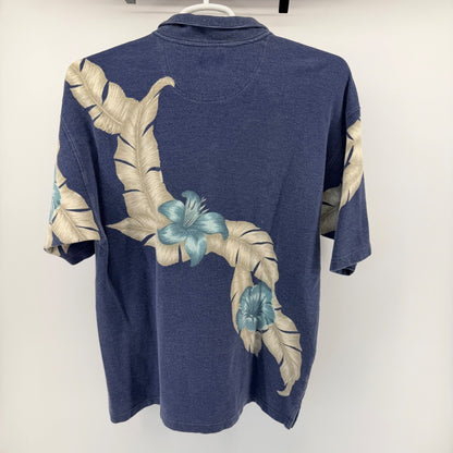 Tommy Bahama Relax Polo Shirt Tropical Floral Palm Ribbed Blue Large L