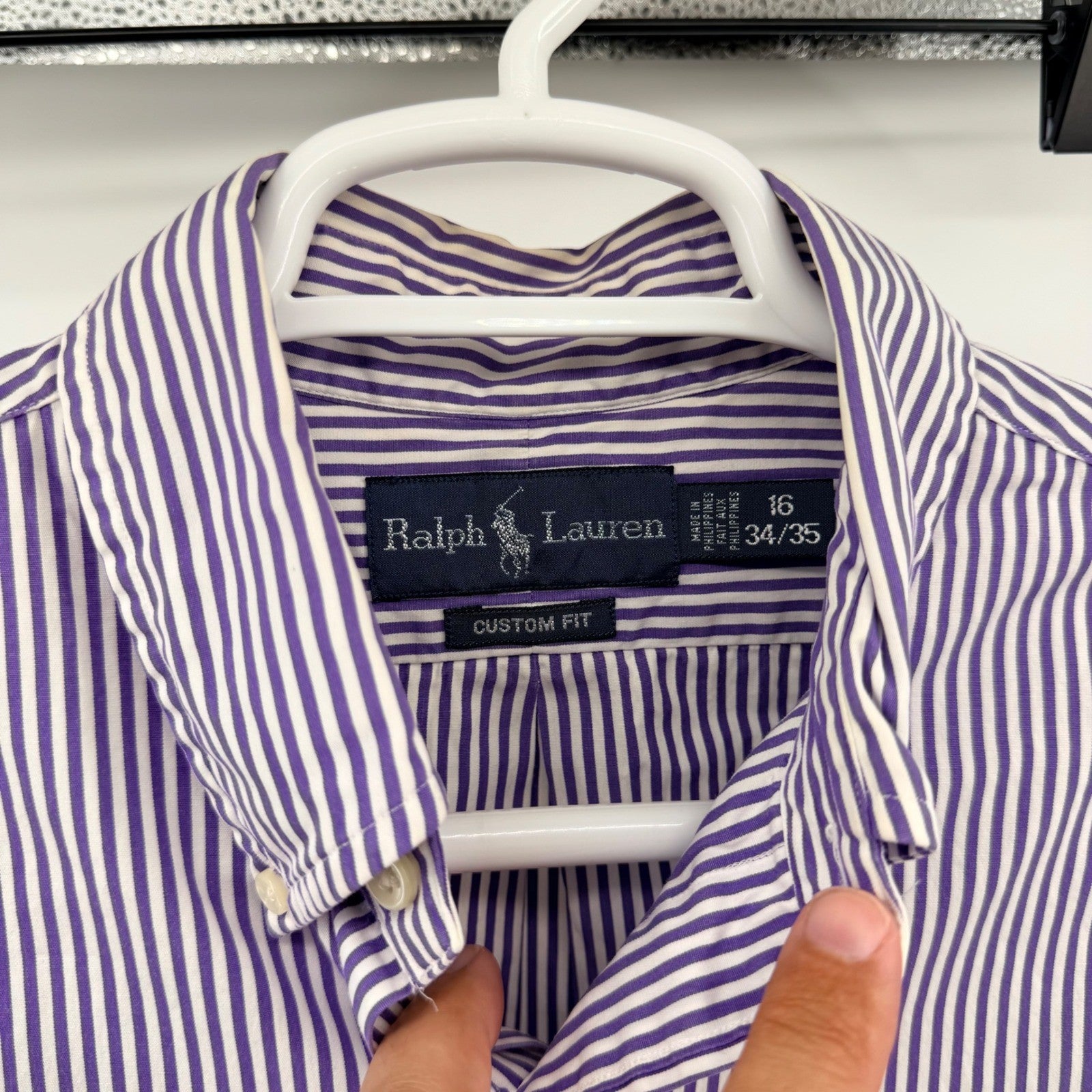 Ralph Lauren Custom Fit Striped Button Down Shirt Purple White 16 34/35 Mens