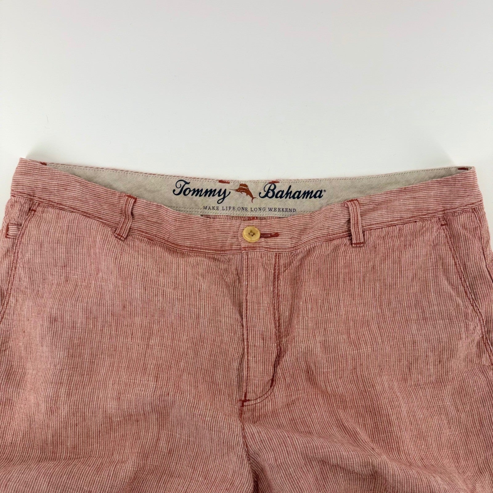 Tommy Bahama Pinstripe Linen Shorts Coastal Vacation Summer 36 Red White