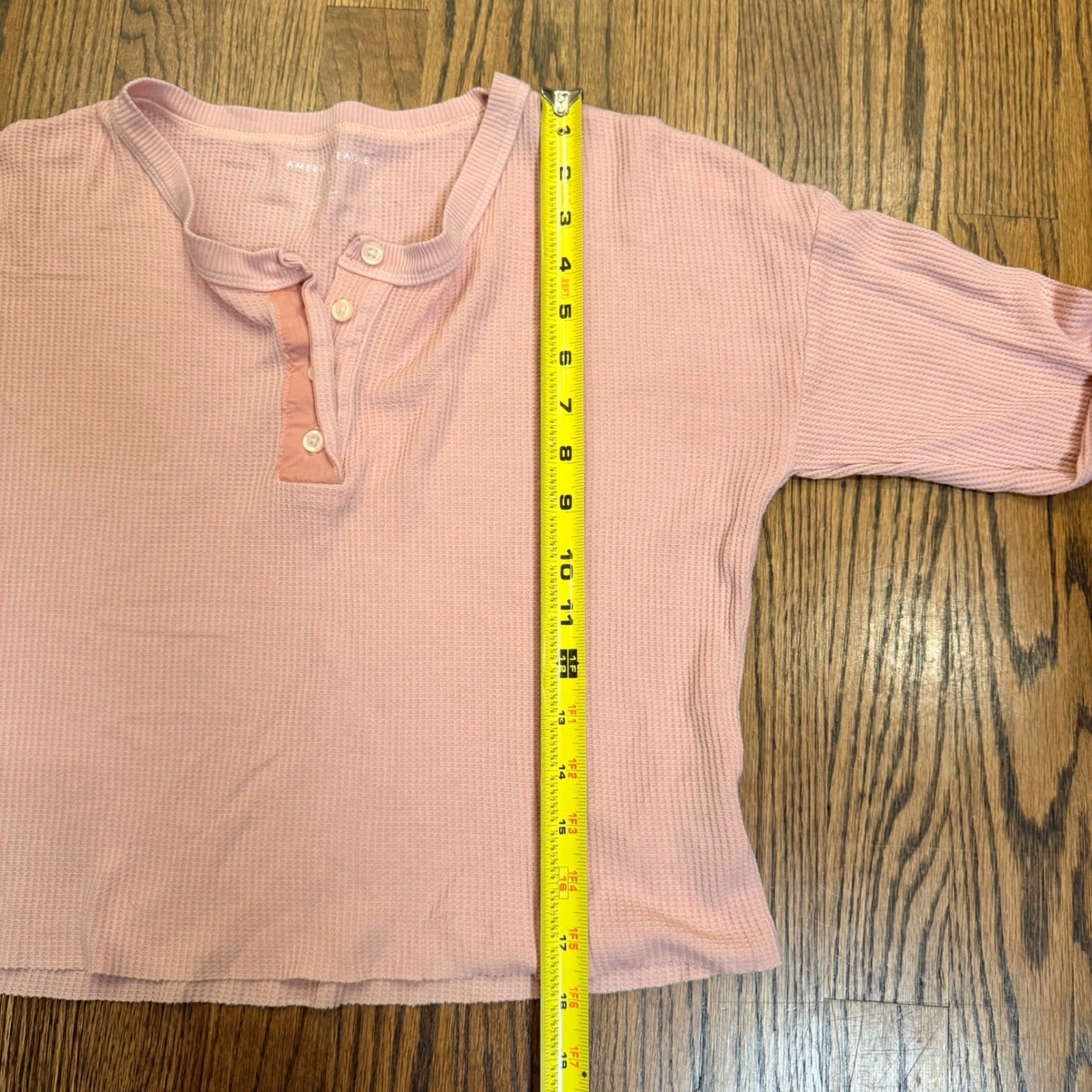 American Eagle Waffle Knit Henley Top Cropped Thermal Small Pink