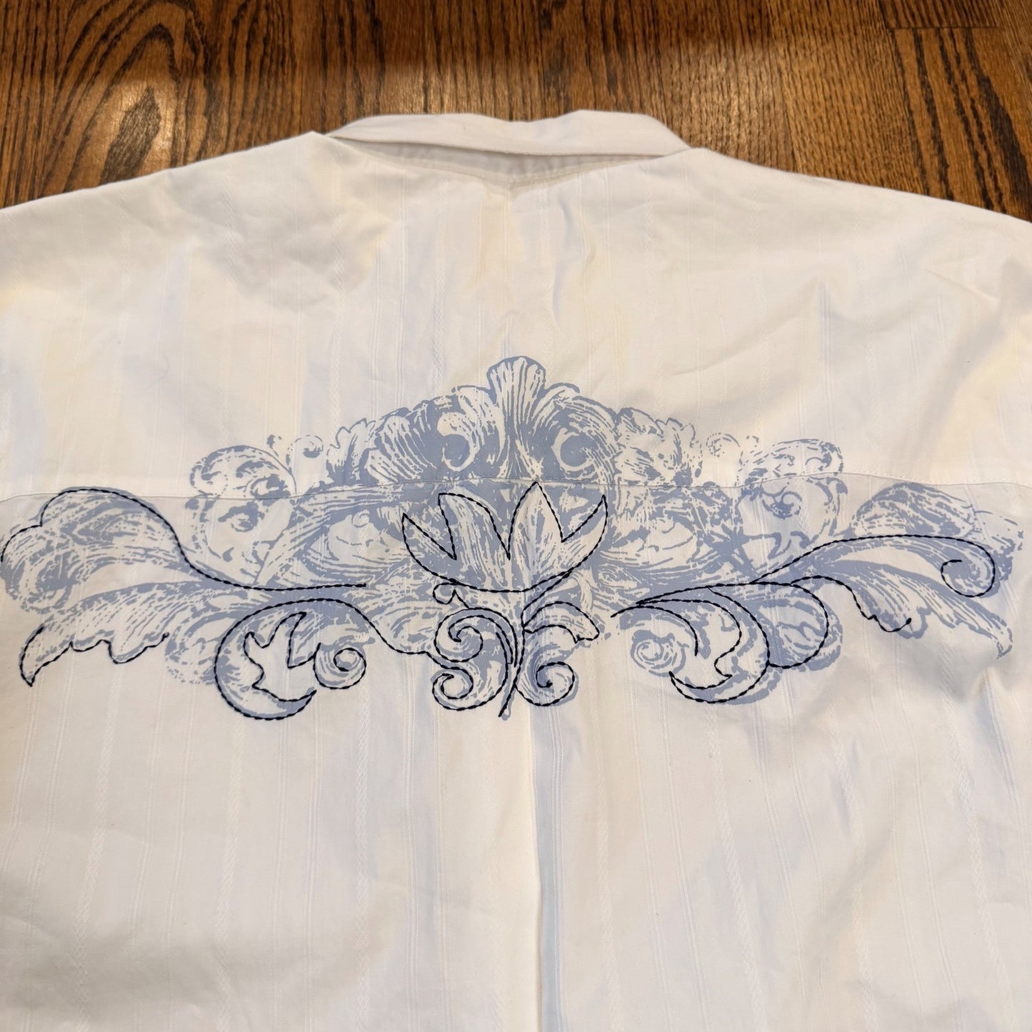 Indigo Joe White Dobby Stripe Graphic Embroidered Button Down Shirt Large White