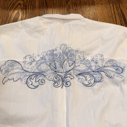 Indigo Joe White Dobby Stripe Graphic Embroidered Button Down Shirt Large White