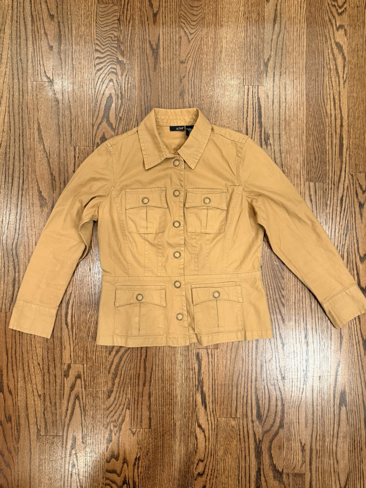 ana Jacket Women Medium Brown Snap Front Pockets Cotton Spandex Coat