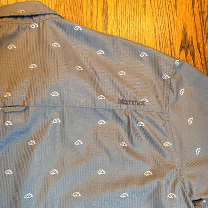 Marmot All Over Tent Print Hiking Shirt Short Sleeve Gray XXL Mens Lightweight