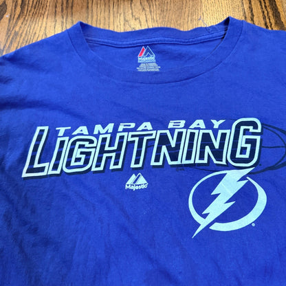 Vintage Majestic Tampa Bay Lightning NHL Long Sleeve Graphic T-Shirt 2XL Blue