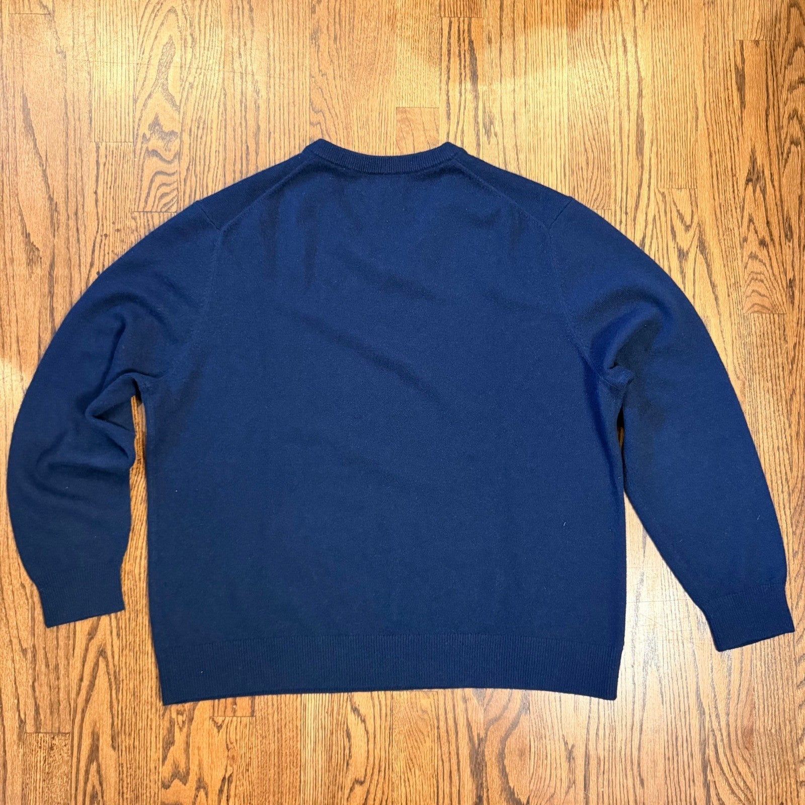 Lands' End 100% Cashmere V-Neck Sweater XL Navy Blue Solid Knit Mens Soft Warm
