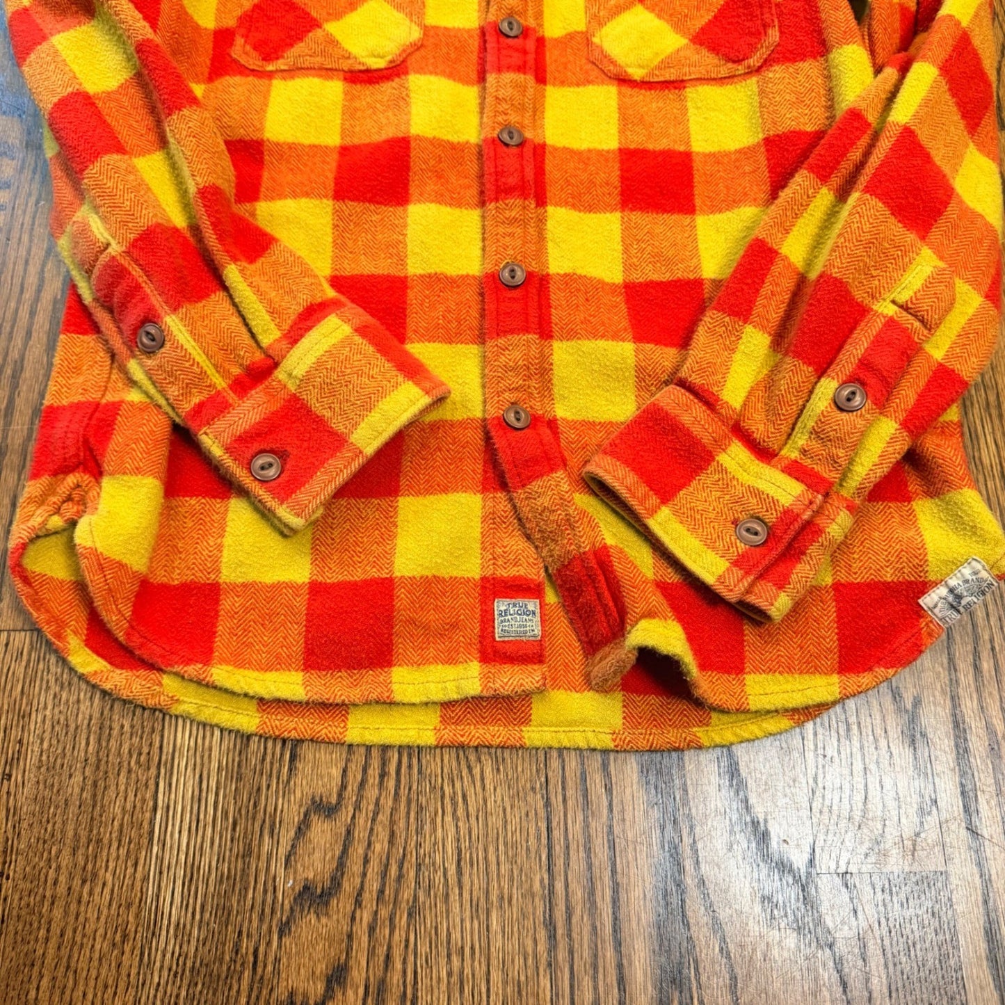 True Religion Buffalo Plaid Flannel Shirt Herringbone Button Down Small Orange
