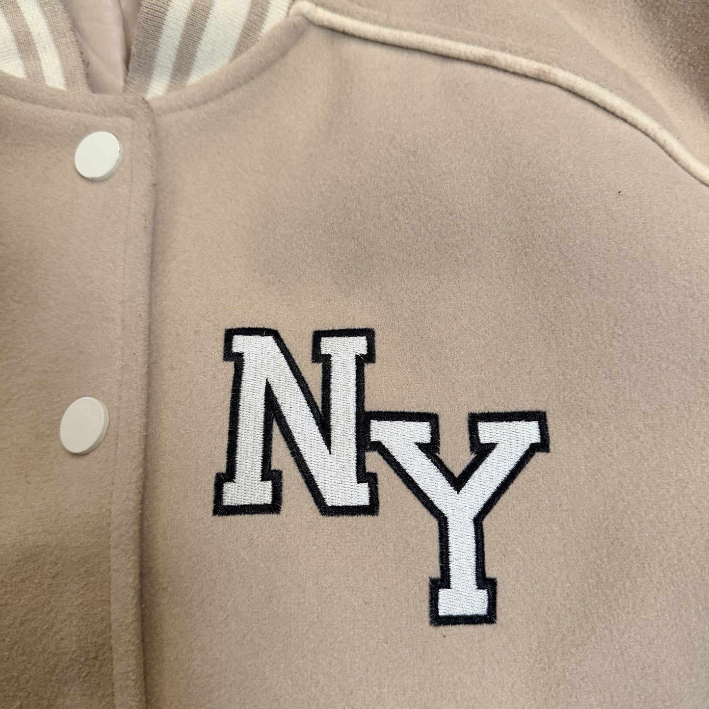 New York 1982 Empire State Varsity Bomber Jacket - Forever 21 - Tan - Size XS