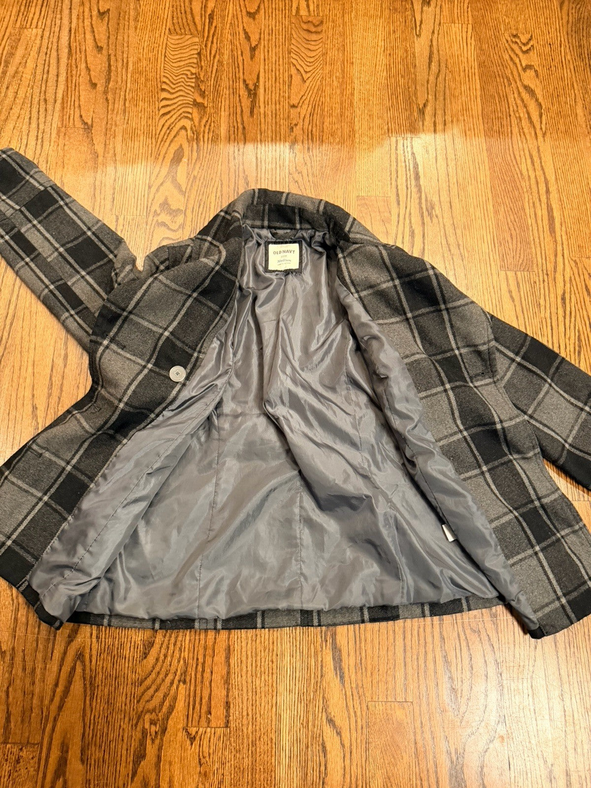 OLD NAVY Women's Gray and Black Plaid Double-Breasted Peacoat Jacket Size Medium