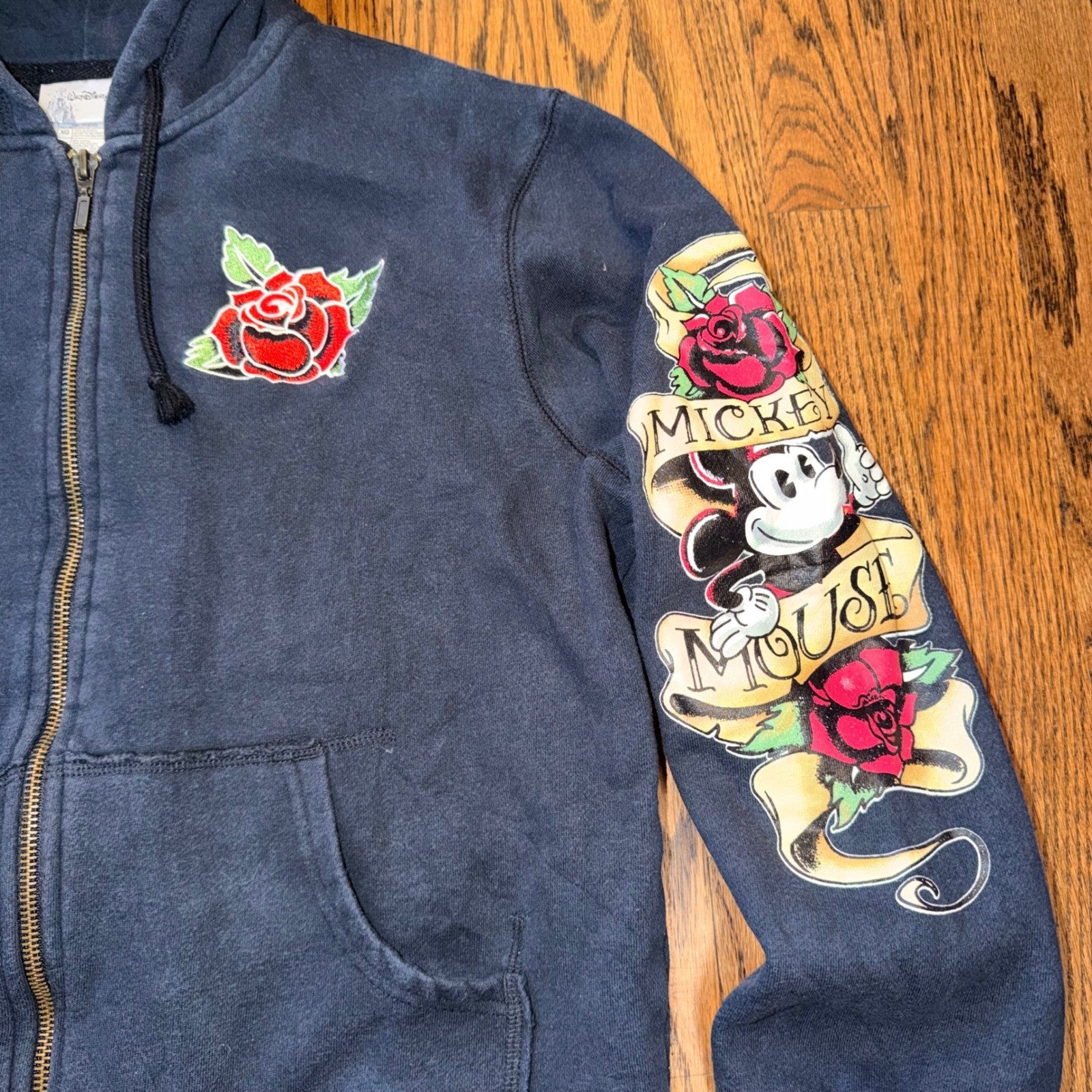 Disney Mickey Mouse Tattoo Rose Zip Hoodie XL Kids Fits Adult Small Navy