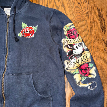 Disney Mickey Mouse Tattoo Rose Zip Hoodie XL Kids Fits Adult Small Navy