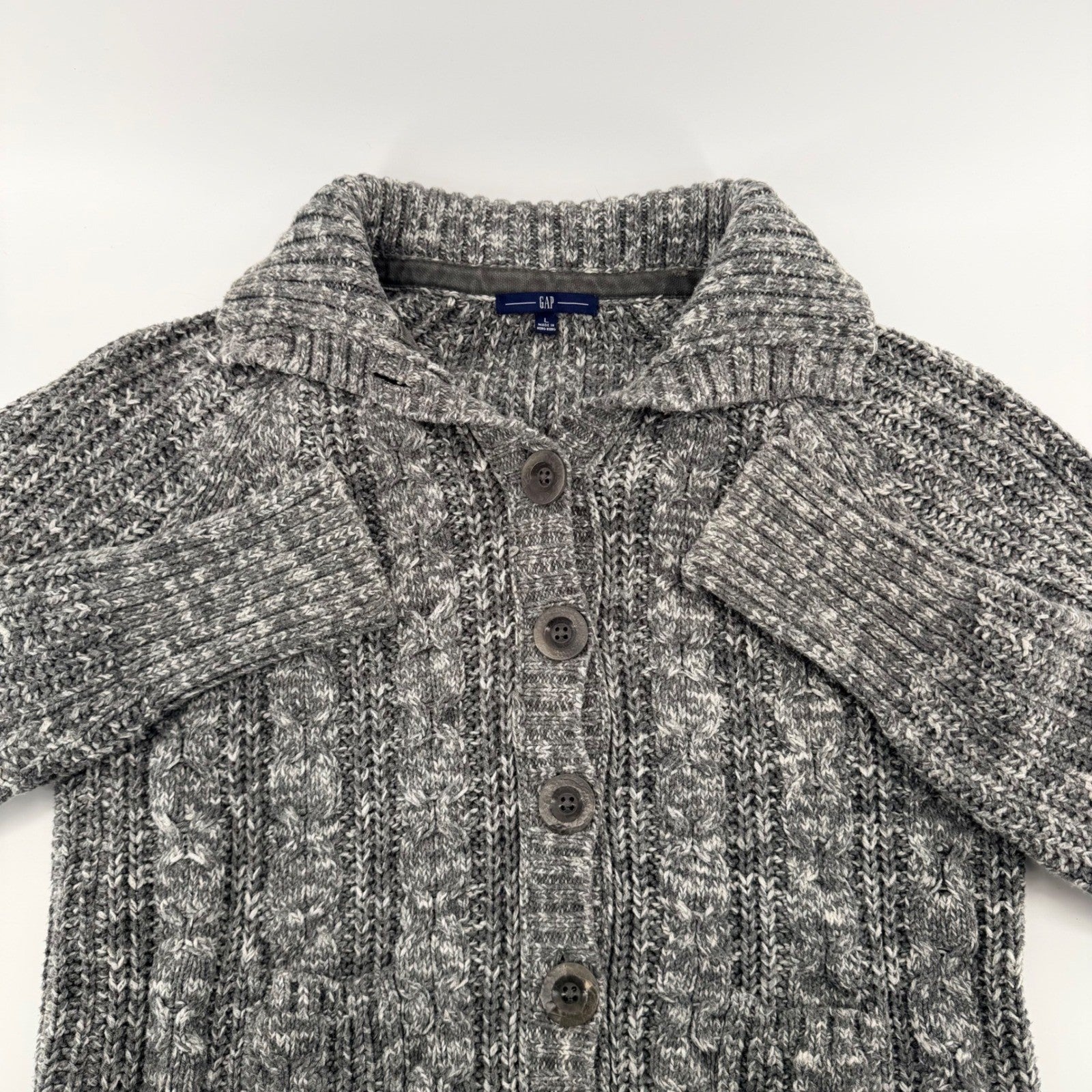 Gap Cable Knit Cardigan Sweater Gray Chunky Button Front Shawl Collar Large L