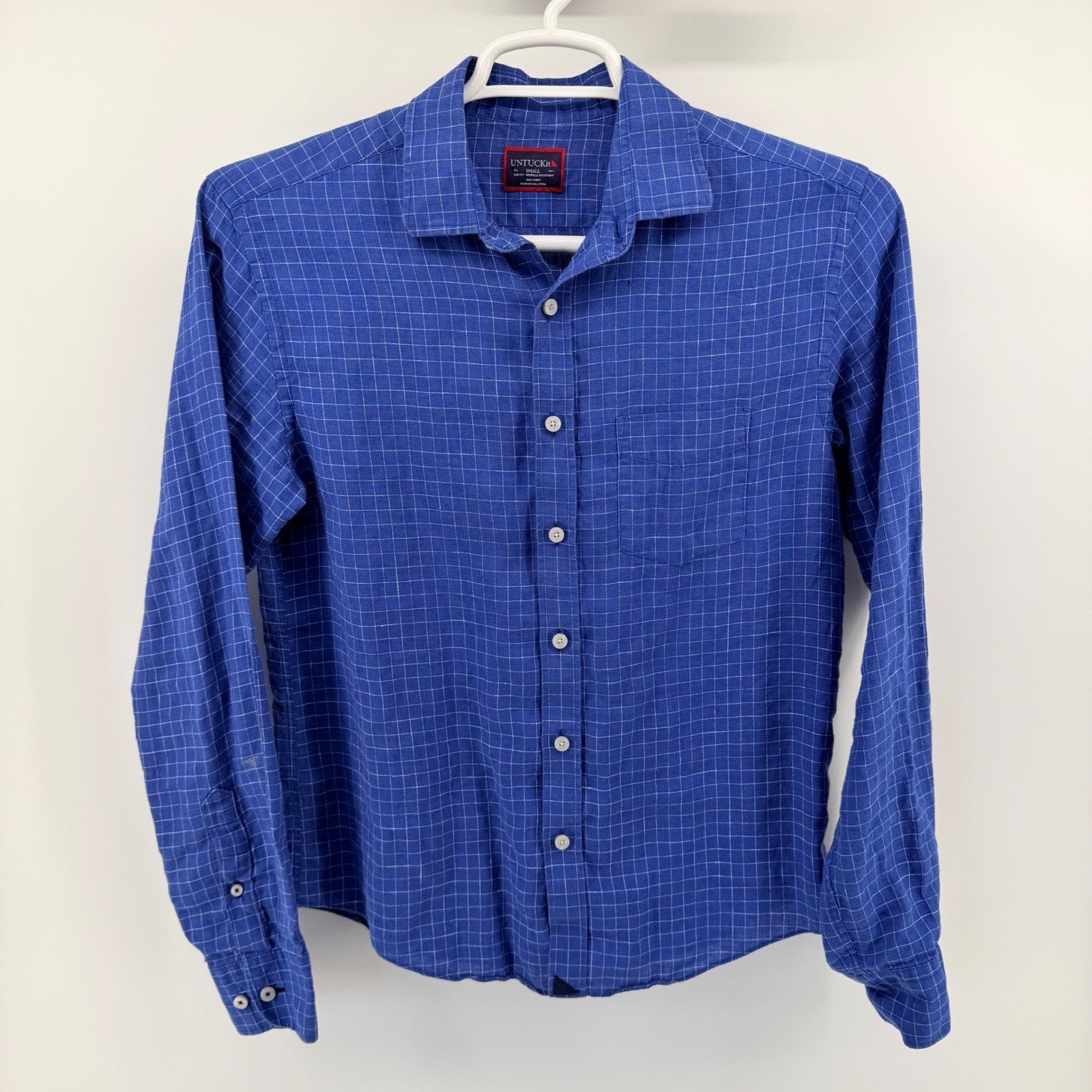 UNTUCKit Piave WR Linen Shirt Windowpane Slim Fit Small Blue Lightweight Casual