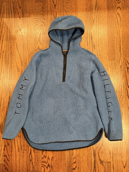 Tommy Hilfiger Fluffy Hooded Sherpa Fleece 1/4 Zip Jacket Pullover Large Blue